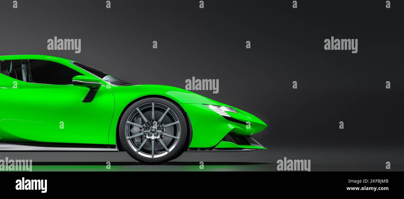 Grüner Sportwagen, Seitenansicht auf dunklem Hintergrund. 3D Rendern Stockfoto