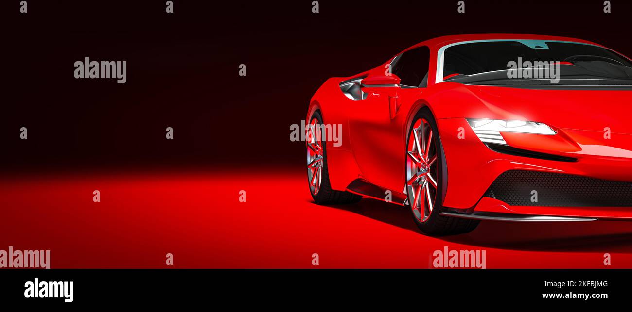 Roter Luxus-Sportwagen auf dunklem Hintergrund. 3D Rendern Stockfoto