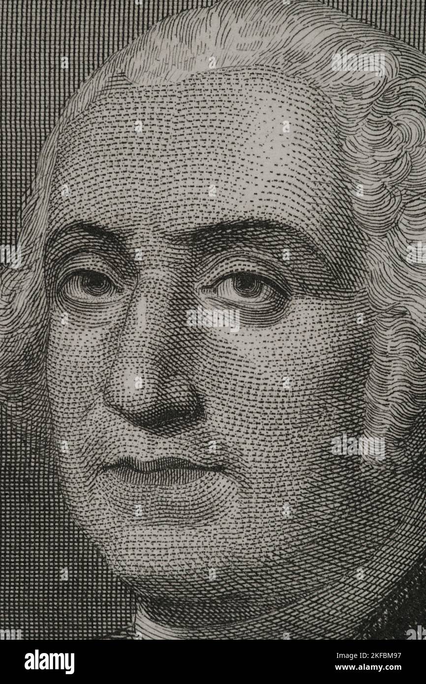 George Washington (1732-1799). 1. Präsident der Vereinigten Staaten (1789-1797). Hochformat. Gravur. Details. „Historia Universal“ von César Cantú. Band VI. 1857. Stockfoto