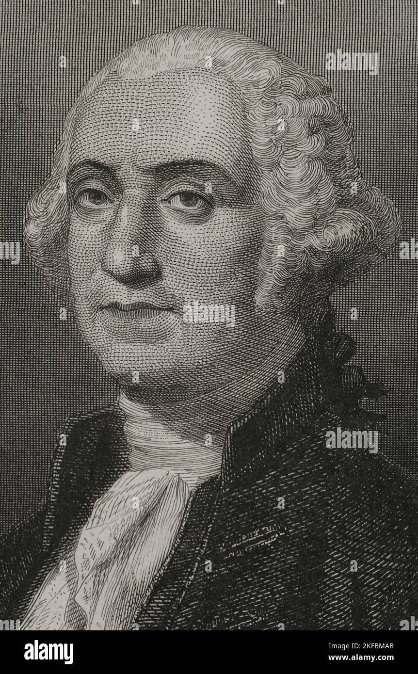 George Washington (1732-1799). 1. Präsident der Vereinigten Staaten (1789-1797). Hochformat. Gravur. „Historia Universal“ von César Cantú. Band VI. 1857. Stockfoto