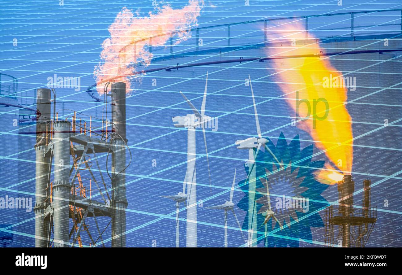 BP-Öl, Kraftstoffspeicher, Windturbinen, Gasflammen für Raffinerien und Sonnenkollektoren. Gas/Öl in der Nordsee, erneuerbare Energien, Windfallsteuer, Lebenshaltungskosten Stockfoto