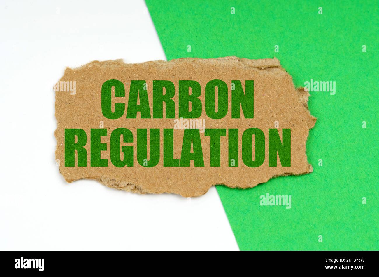 Umweltkonzept. Auf einem weiß-grünen Hintergrund liegt ein Stück Karton mit der Aufschrift - Carbon Regulation Stockfoto