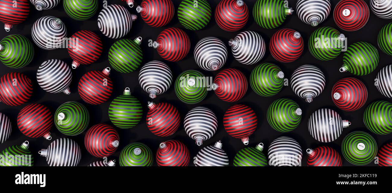 Bunte dekorative Weihnachtskugeln auf schwarzem Hintergrund 3D Render 3D Illustration Stockfoto