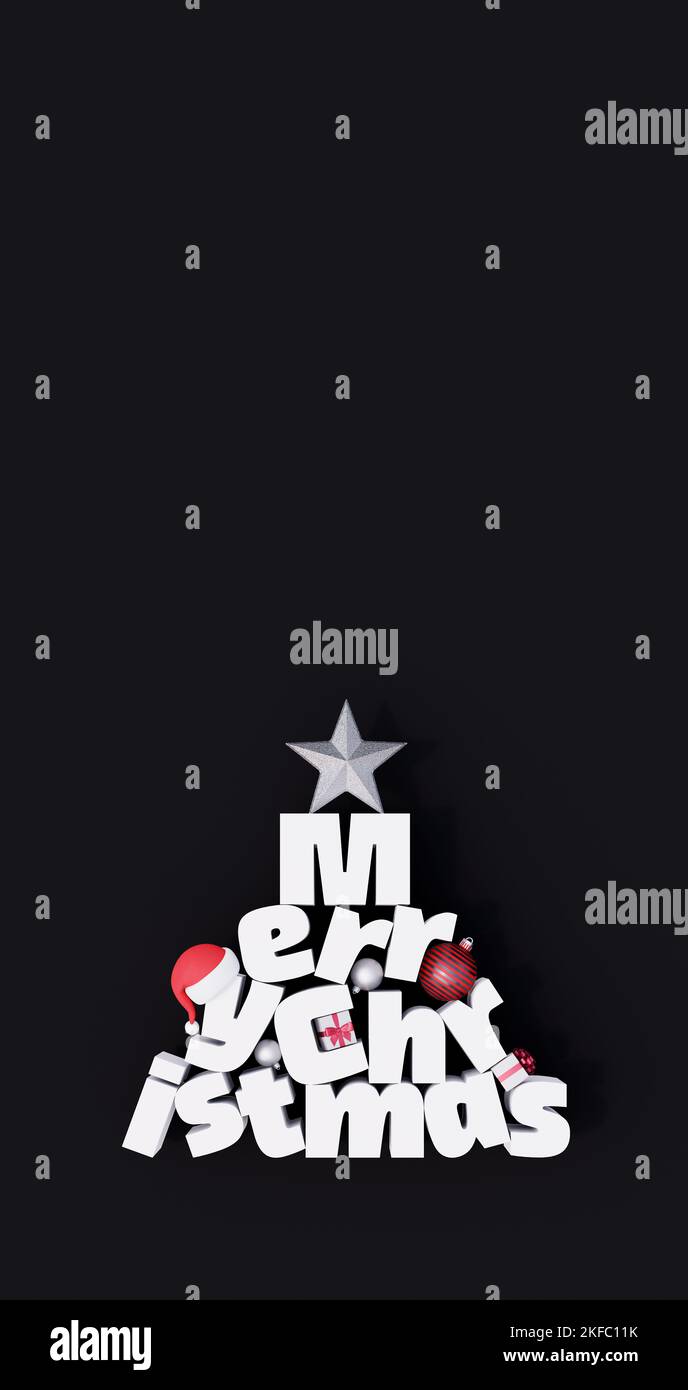 Vertikale Grußkarte mit Weihnachtsbaum aus Buchstaben auf schwarzem Hintergrund 3D Render 3D Illustration Stockfoto