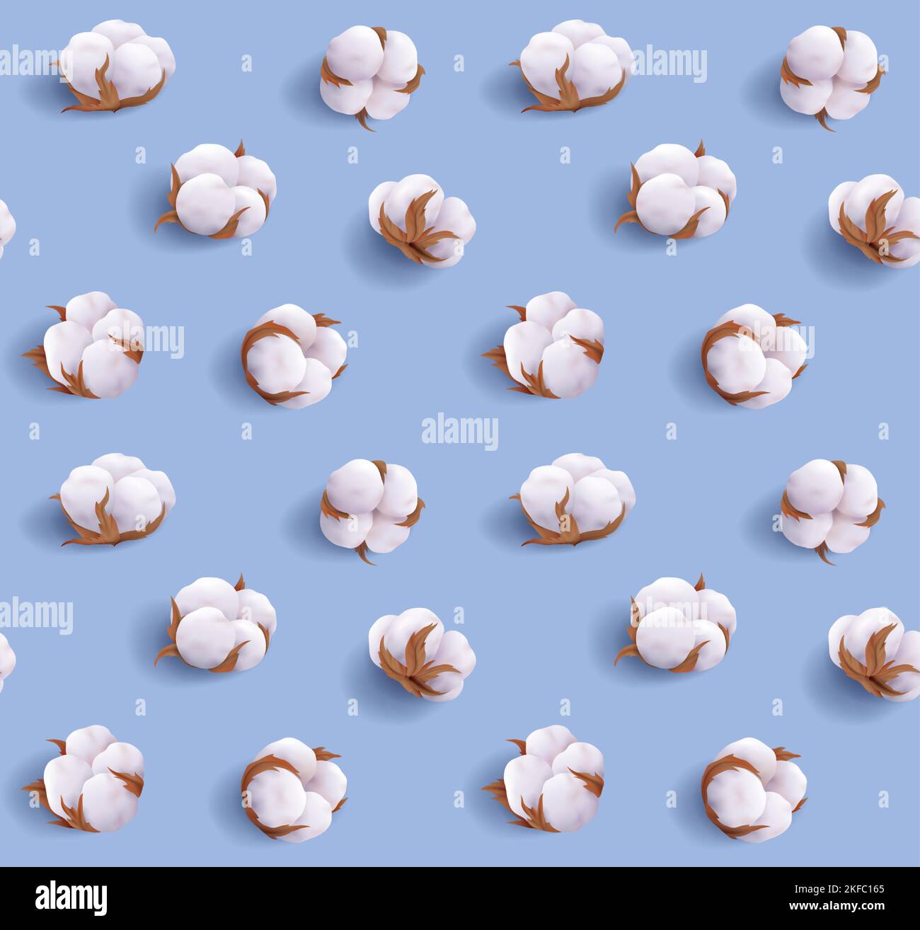 Schönes, realistisches, nahtloses Baumwollmuster auf blauem Hintergrund isoliert Stock Vektor
