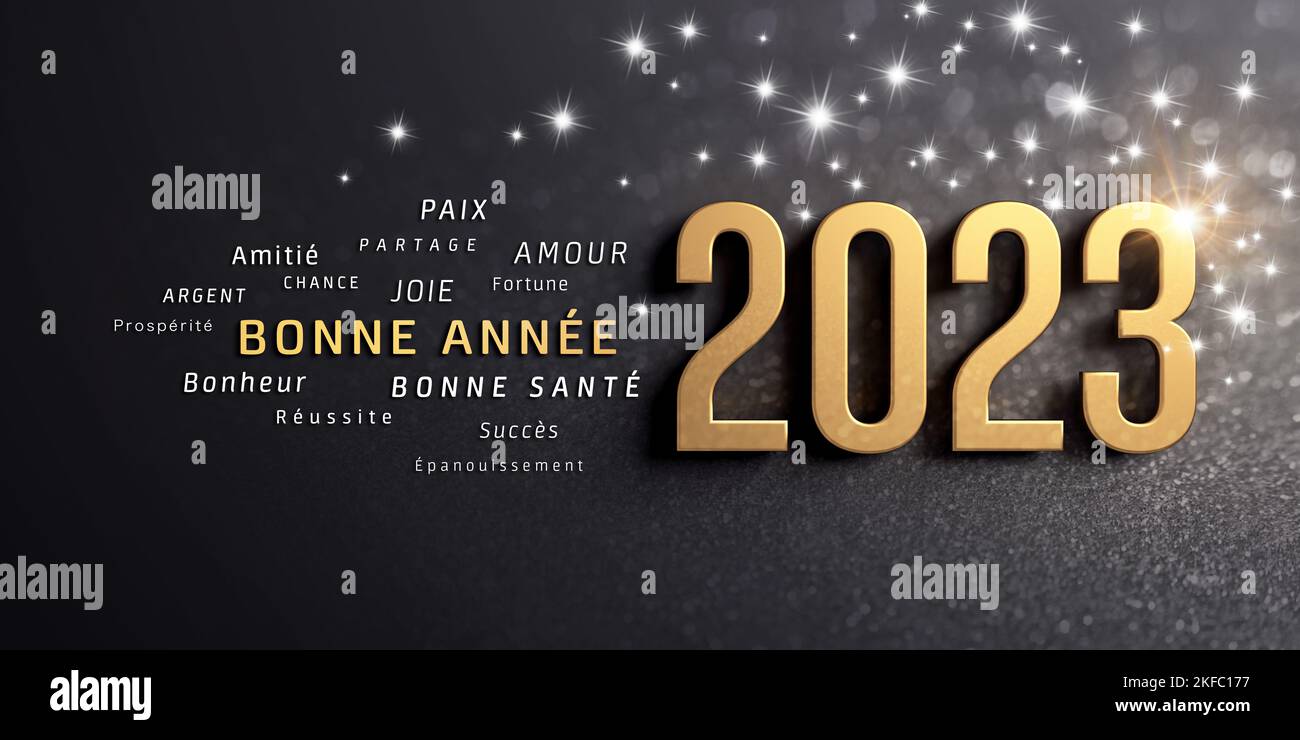 Frohes Neues Jahr Grüße in französischer Sprache und 2023 Datumsnummer in Gold, auf einer glitzernden schwarzen Karte Stockfoto