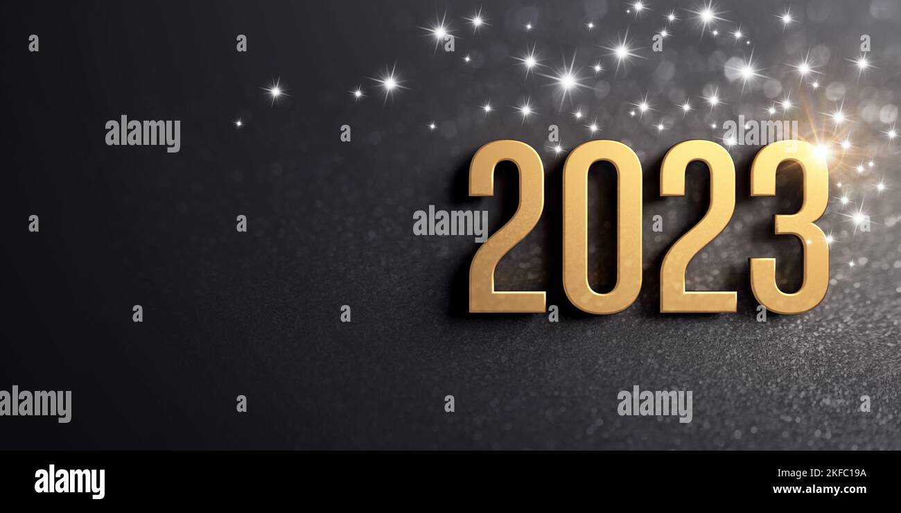 Neujahr Grußkarte 2023. Datumsnummer in Gold auf glitzerndem schwarzem Hintergrund Stockfoto