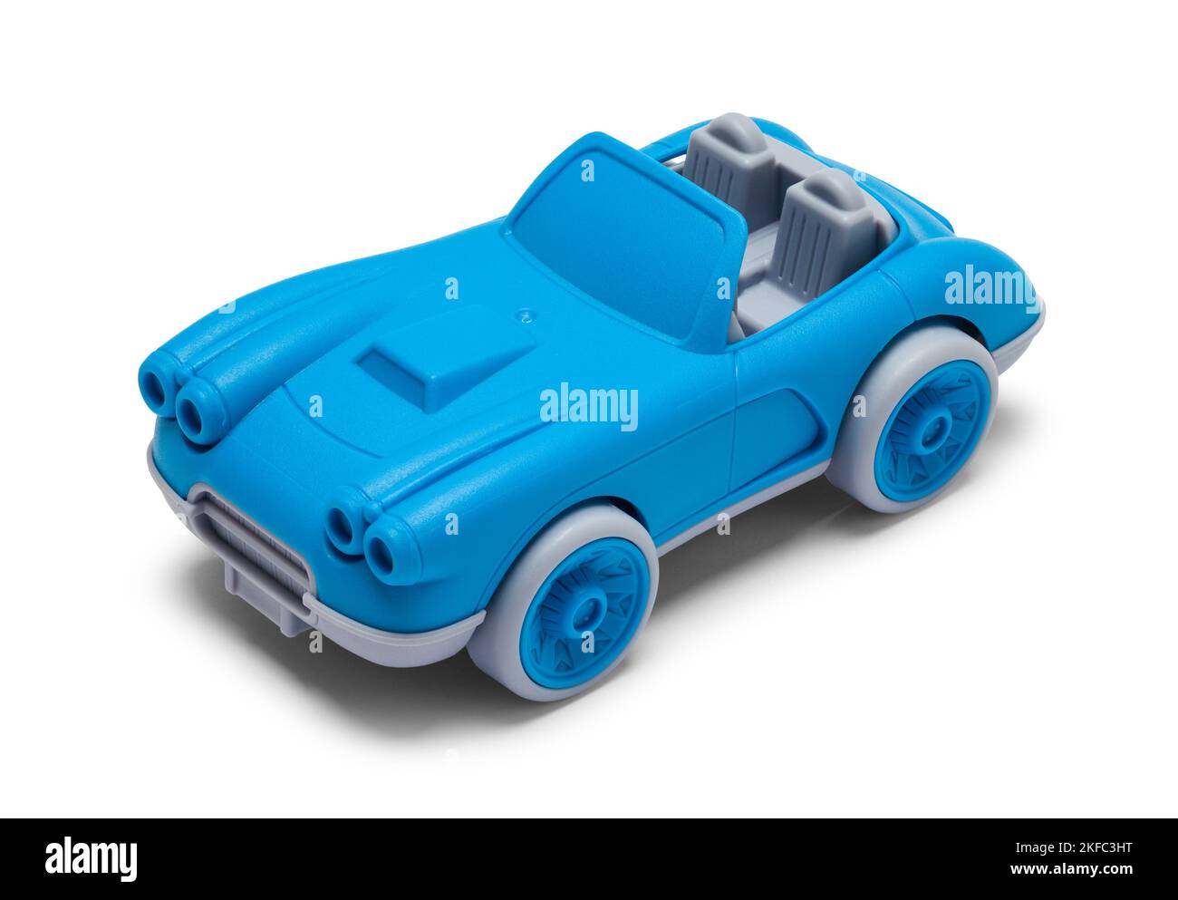 Blauer Kunststoff Spielzeug Auto Schnitt auf Weiß. Stockfoto