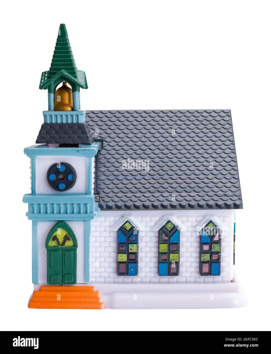 Kunststoff Spielzeug Kirche Miniatur Gebäude Weihnachten Ornament Vorderansicht. Stockfoto