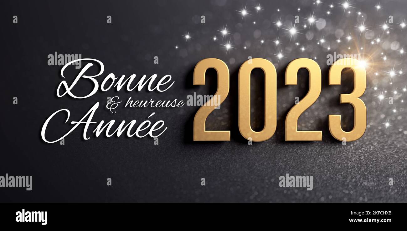 Frohes Neues Jahr Grüße in französischer Sprache und 2023 Datumsnummer in Gold, auf einer glitzernden schwarzen Karte - 3D Illustration Stockfoto