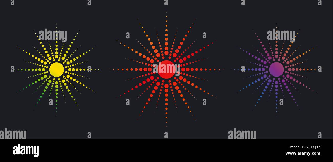 Gepunktete Sonnenstrahlen, Set-Kollektion. Vintage Sunburst Hintergrund, Logo-Design, bunte Gradienten Halbton-Effekt, Vektor-Illustration isoliert auf schwarz Stock Vektor