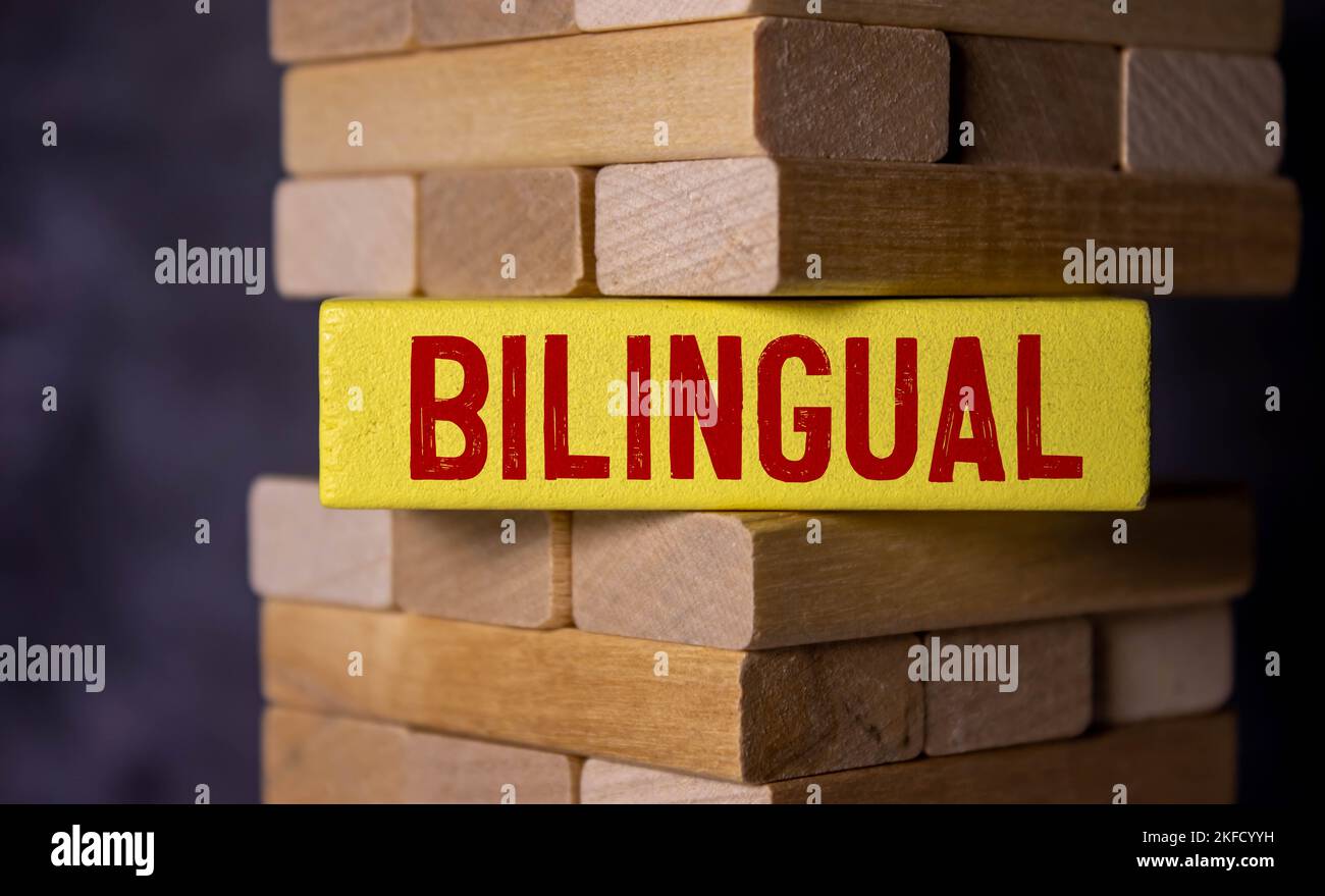 Auf einem weißen Tisch eine Blume, ein Notizbuch mit dem Wort ZWEISPRACHIG. Stockfoto