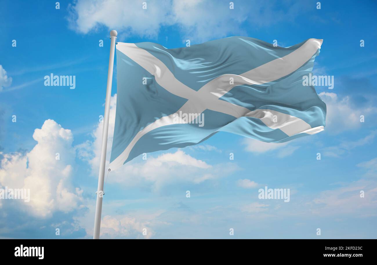 Draufsicht auf die Flagge San Andres y Providencia, Kolumbien. Kolumbianischer Patriot und Reisekonzept. Kein Fahnenmast. Ebenendesign, Layout. Hintergrund markieren Stockfoto