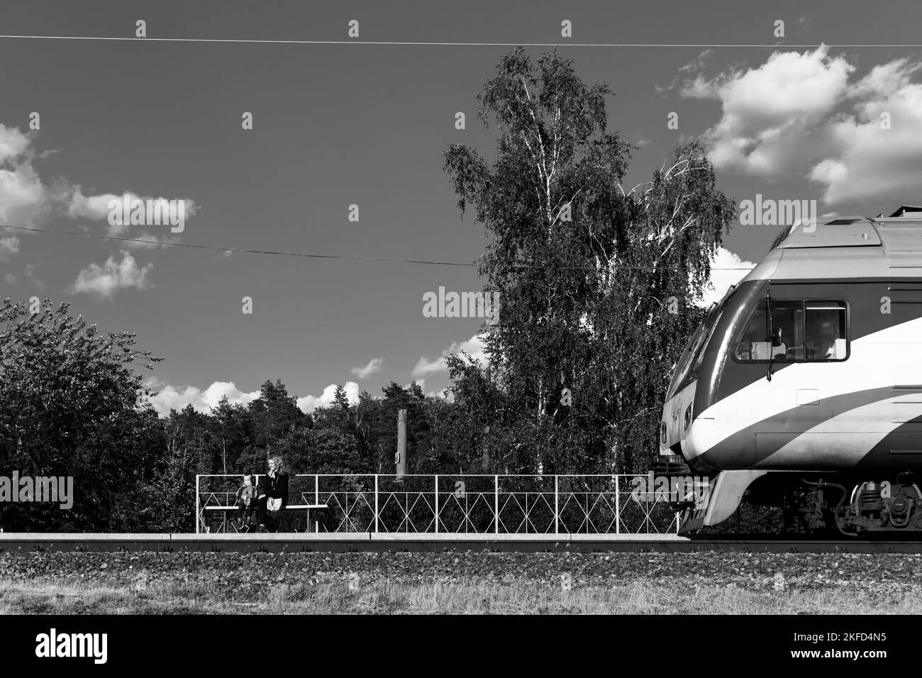 Nahaufnahme eines Elektrozuges, der in der Nähe des Waldes in schwarz-weiß in Gomel, Weißrussland, fährt Stockfoto