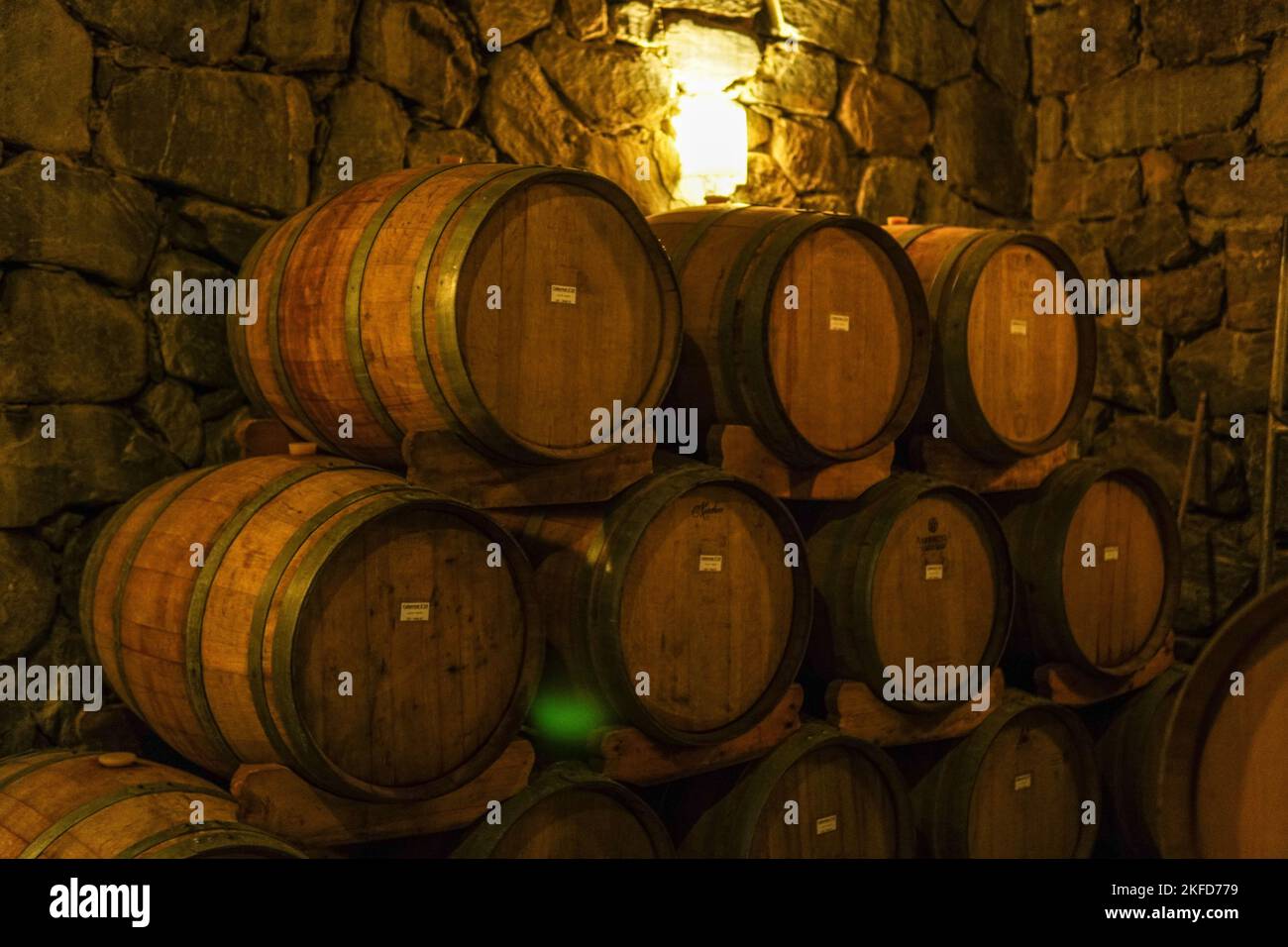 Weinfässer aus Holz in einem unterirdischen Keller mit einer Steinmauer im Hintergrund Stockfoto