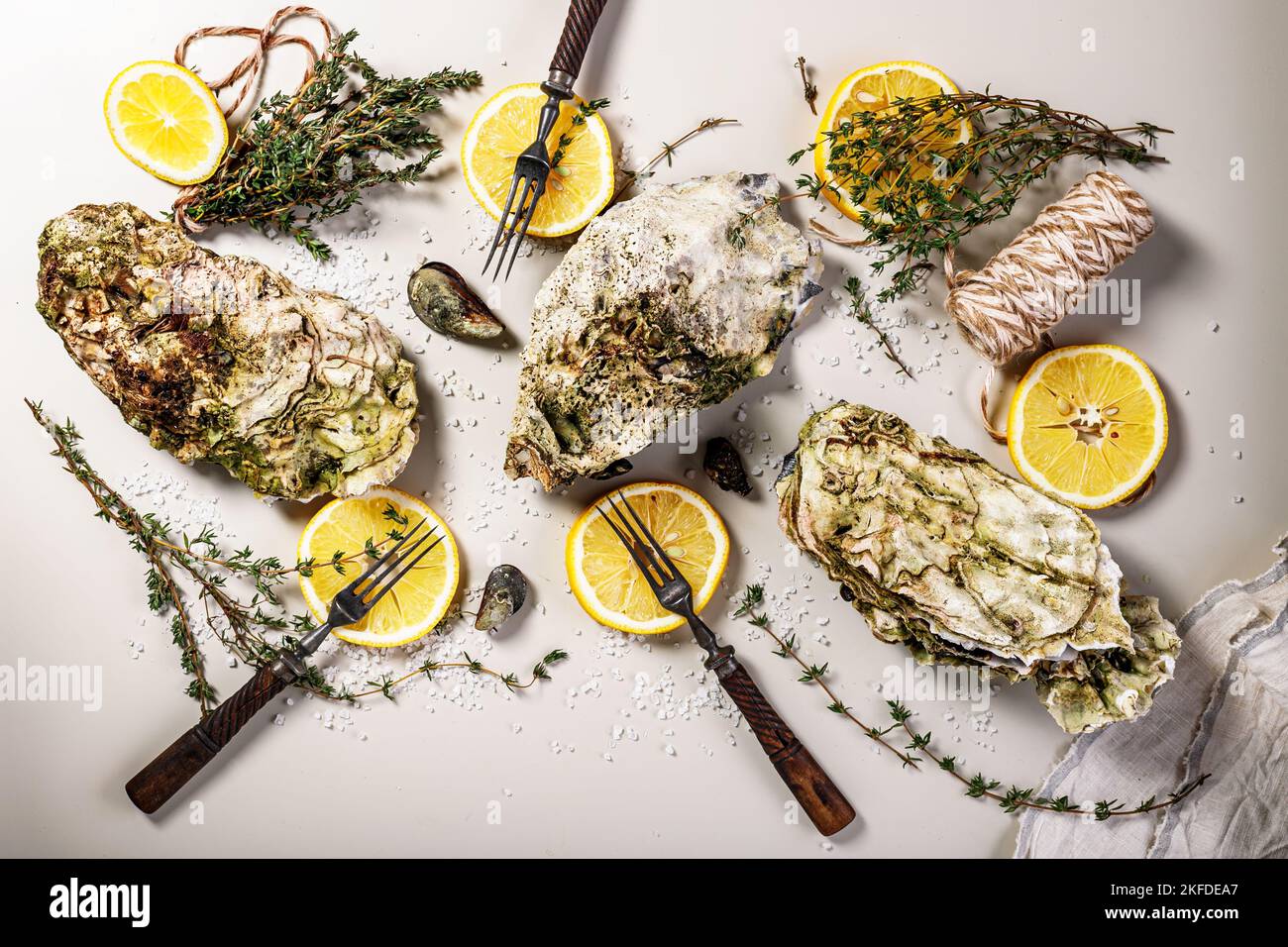 Frische Auster, Zitrone und Orangano. Lebensmittel flach Lay Zusammensetzung auf einem hellen Hintergrund. Gesunde und leckere natürliche Meeresfrüchte Stockfoto