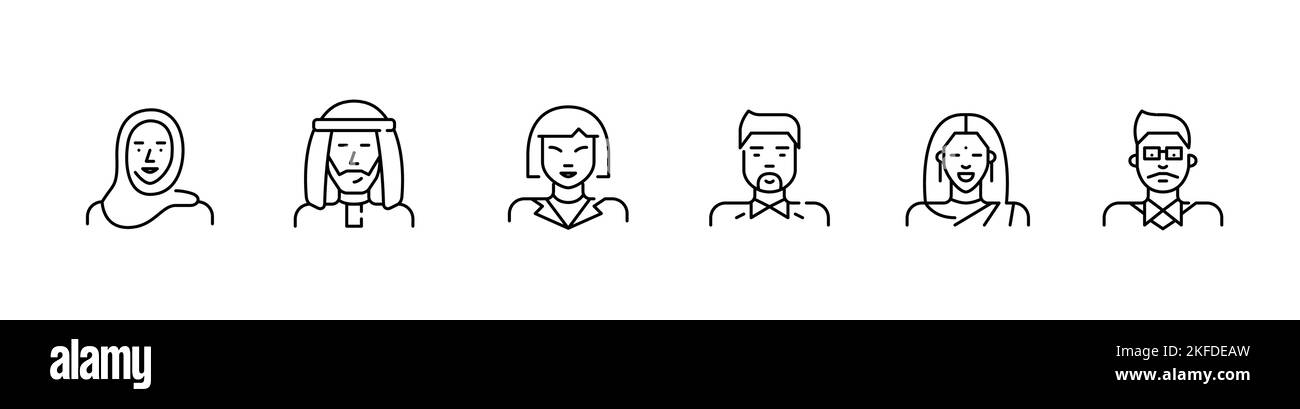 Avatar-Profilsymbol für asiatische Menschen. Arabische muslime, chinesische und indische Ethnie. Pixelgenaue, bearbeitbare Konturlinie Stock Vektor