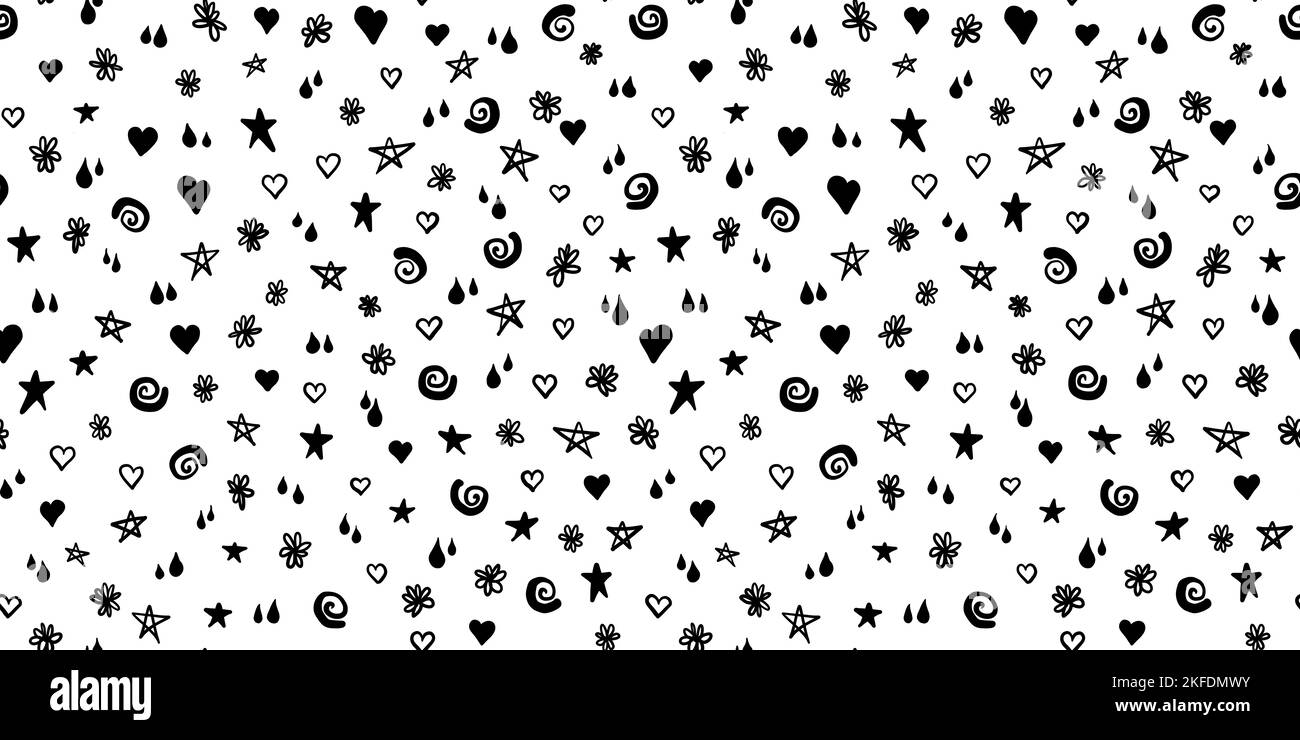 Niedliche handgezeichnete Doodle Tattoo Flash Blatt mit Stern, Herz, Blume, Spiralen und Tränenfall Glück Reize nahtlose Muster. Schwarz-weiße Tinte Stift o Stockfoto