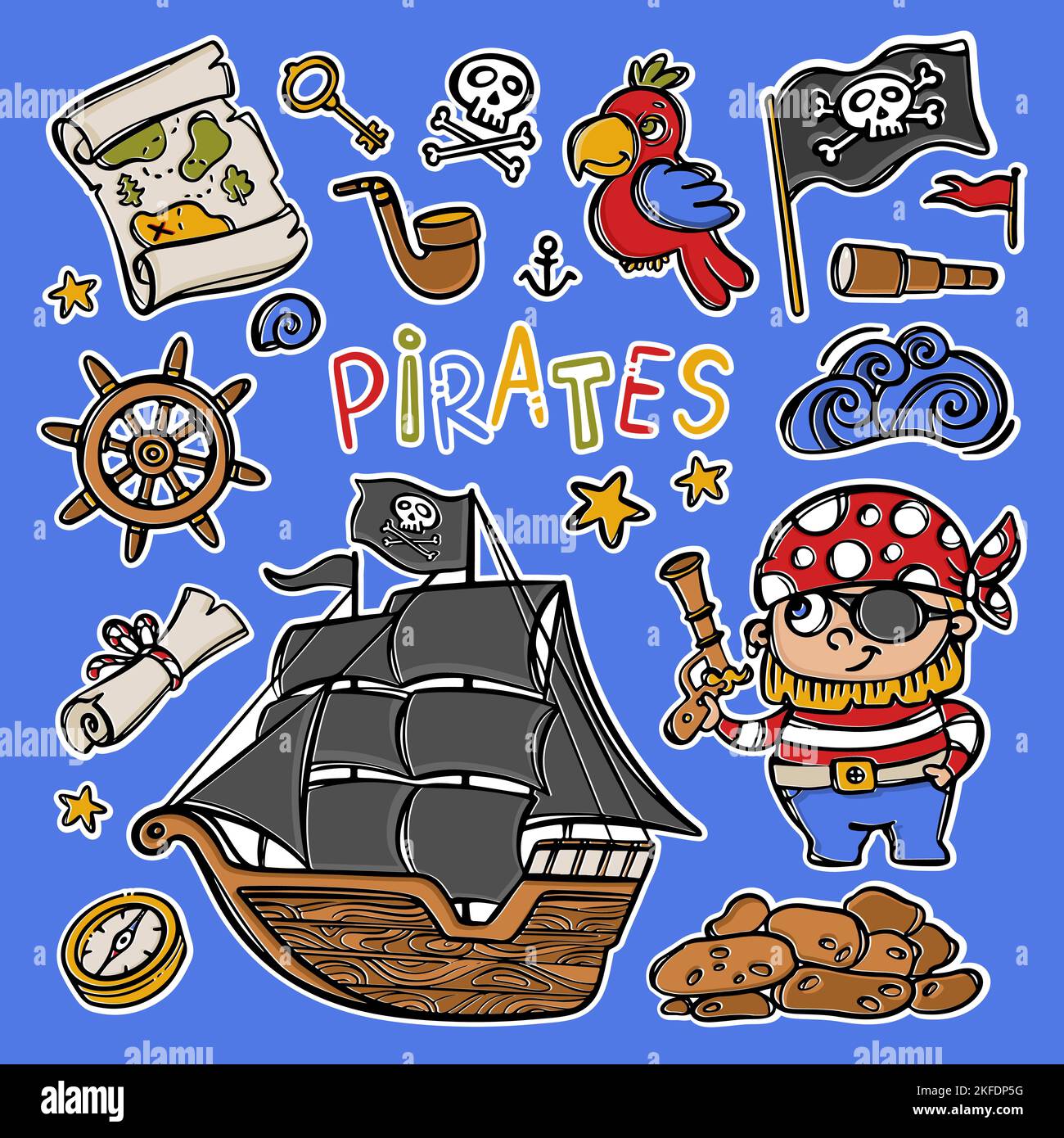 SCHWARZE SEGEL Segelboot mit Totenkopf-Flagge auf Mast Handgezeichnete Cartoon Piraten Aufkleber Clipart Meer Attribute und Objekte Vektor Illustration Set für Design Stock Vektor