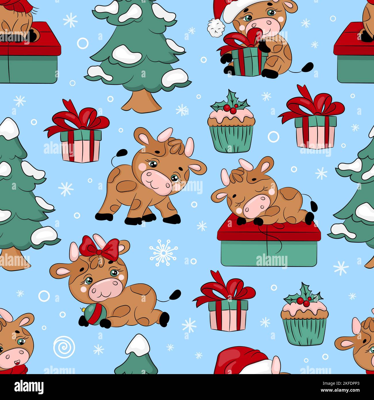 STIER UND WEIHNACHTSBAUM Neujahr Frohe Weihnachten Cartoon Urlaub Hand gezeichnet Cute Animal Nahtloses Muster Vektor-Illustration für Print Stock Vektor