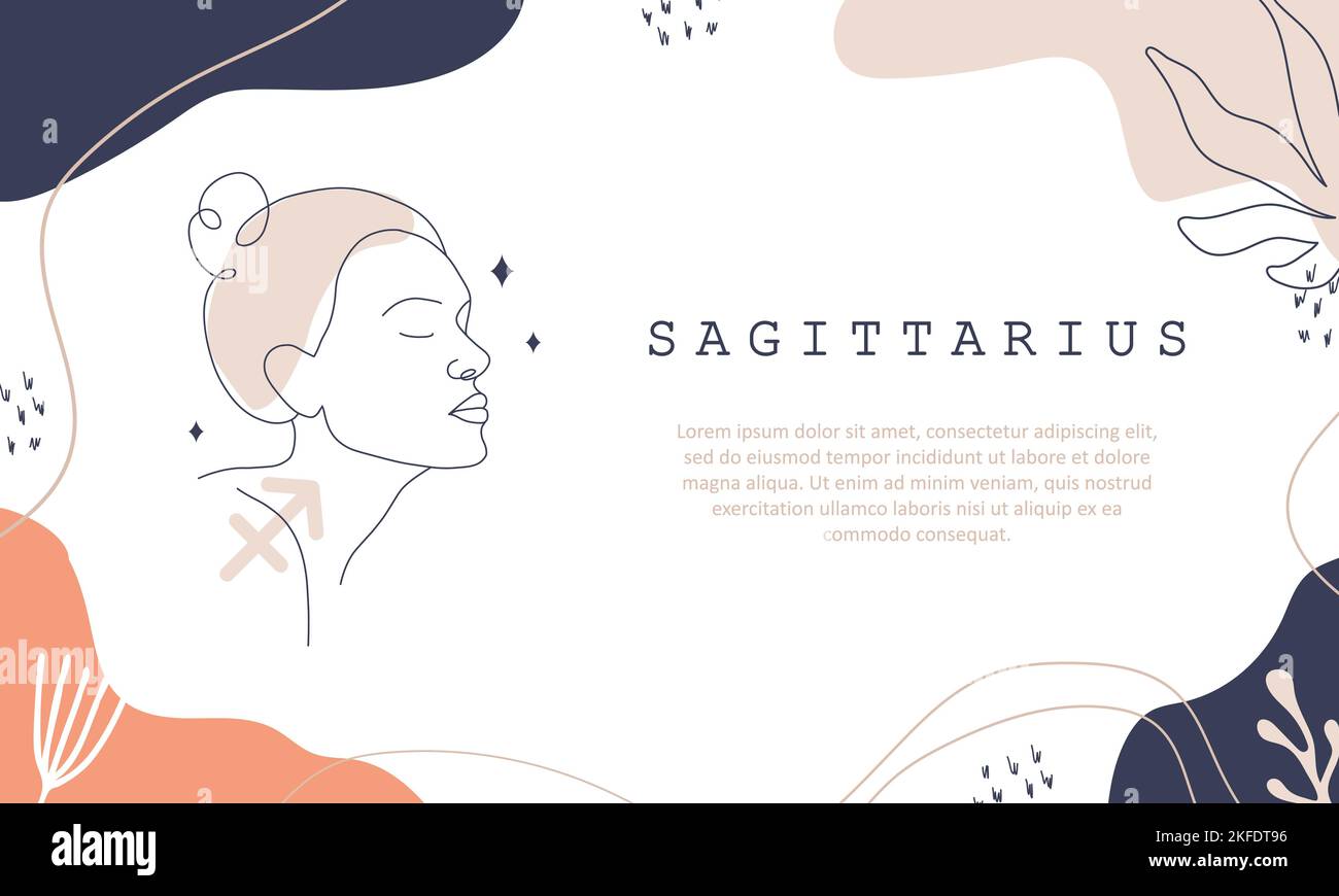 Sternzeichen Schütze. Eine Linie zeichnen. Astrologische Ikone mit abstraktem Frauengesicht. Mystery und esoterische skizzieren den Hintergrund. Astrologie horizontal Stock Vektor
