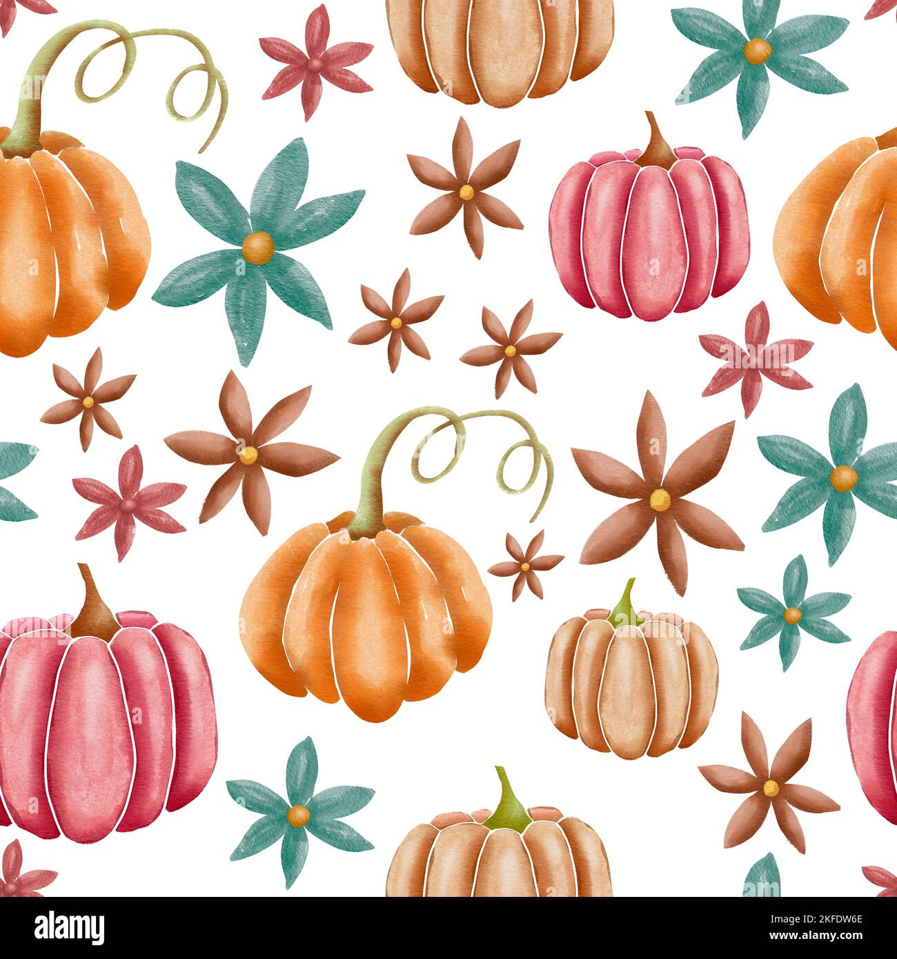 Kürbisse auf weißem, sich wiederholendem Muster Stockfoto