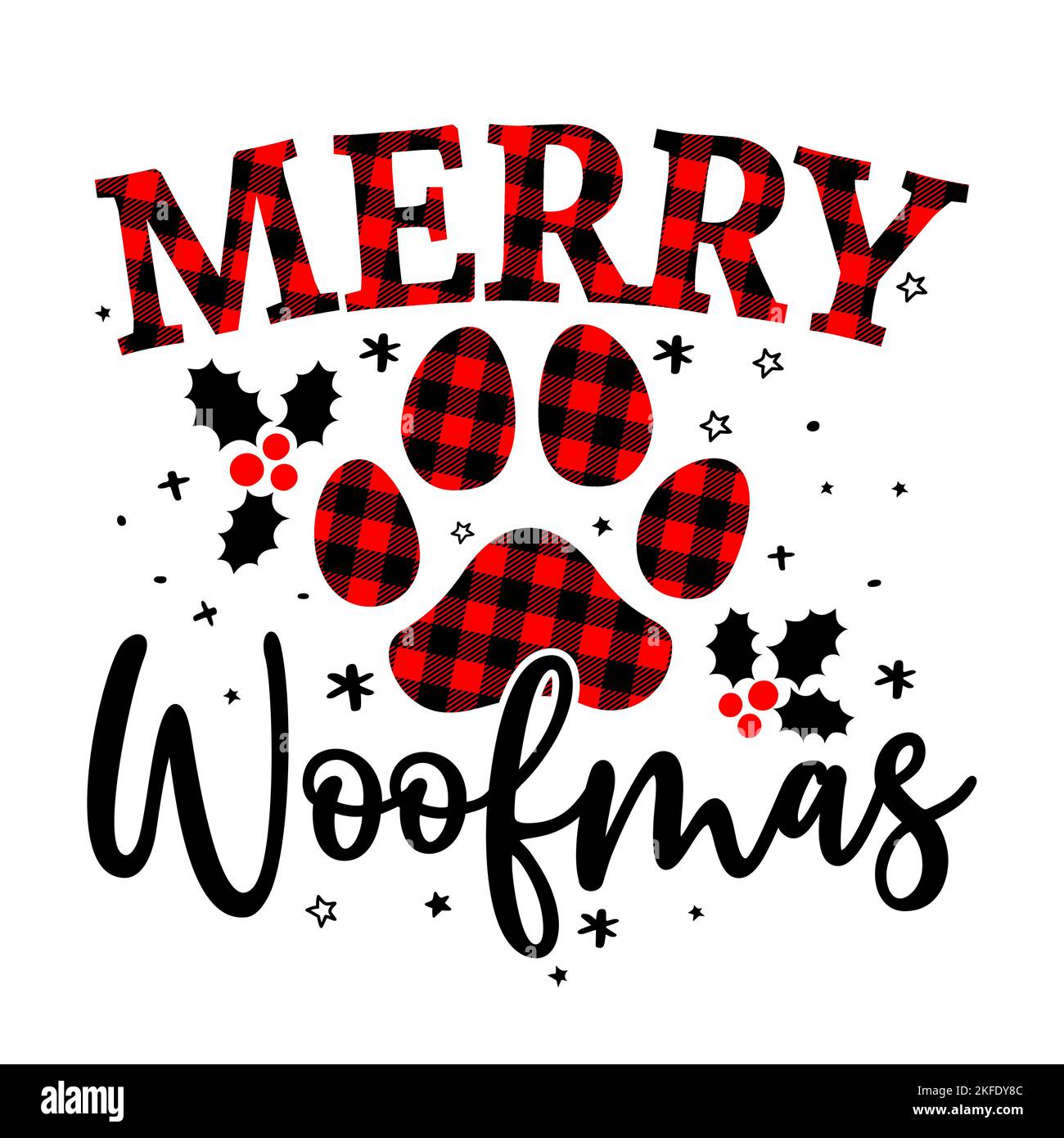 Merry Woofmas (Weihnachten) - Paw-Print geformten Hund oder Katze Pfote Prints für Geschenk-Tag. Handgezeichnete Fußabdrücke für Weihnachtskarten, Einladungen. Gut für Stock Vektor