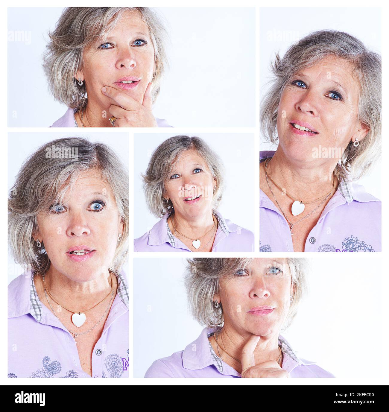 Das ist ein ausdrucksstarkes Gesicht. Zusammengesetzte Aufnahme einer Frau, die verschiedene Gesichtsausdrücke macht. Stockfoto