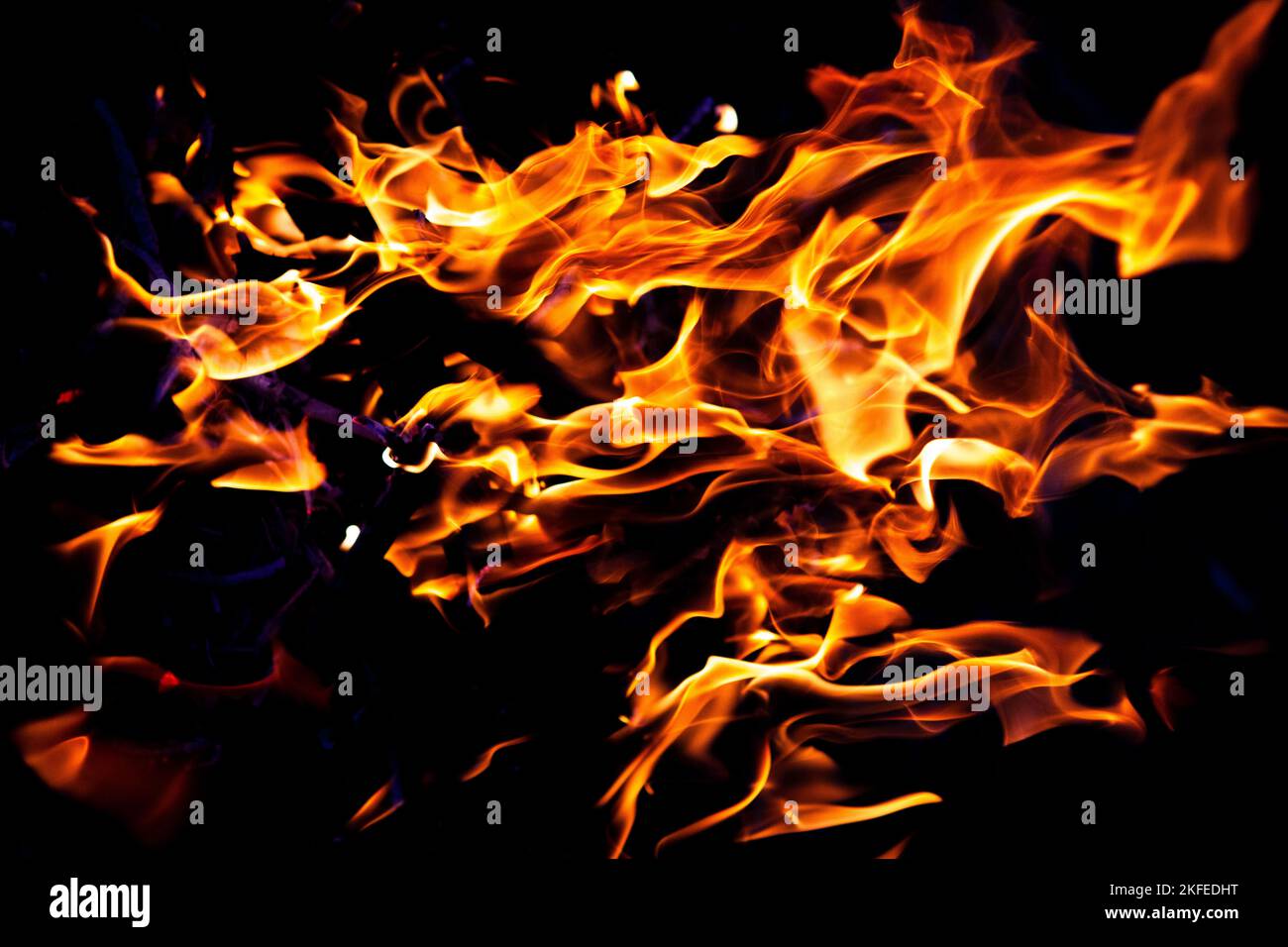 Feuer brennt auf schwarzem Hintergrund. Rote feurige Flamme Stockfoto