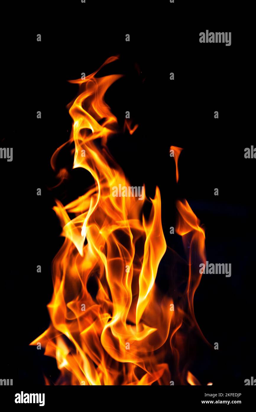 Feuer brennt auf schwarzem Hintergrund. Rote feurige Flamme Stockfoto
