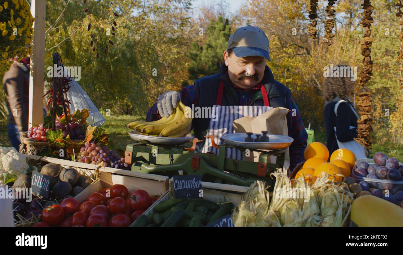 Der Senior Farmer Seller wiegt Bananen auf der Waage, legt sie in eine Papiertüte und gibt sie der Frau. Am Wochenende können Sie auf dem lokalen Bauernmarkt im Freien einkaufen. Vegetarische und Bio-Lebensmittel. Landwirtschaft. Stockfoto