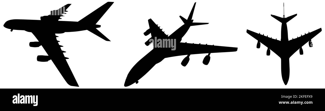 Konzeptioneller Satz aus drei fliegenden schwarzen Passagierjetlinern oder kommerziellen Flugzeugen, isoliert auf weißem Hintergrund. 3D Abbildung für Düsentransport Stockfoto
