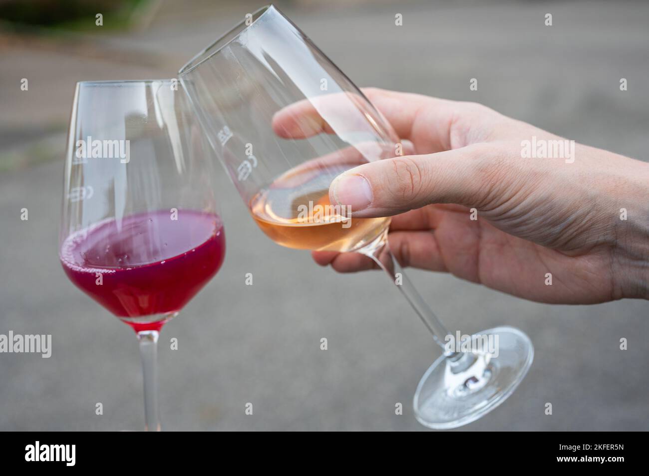 Gläser mit verschiedenen Weinsorten im Vordergrund Stockfoto