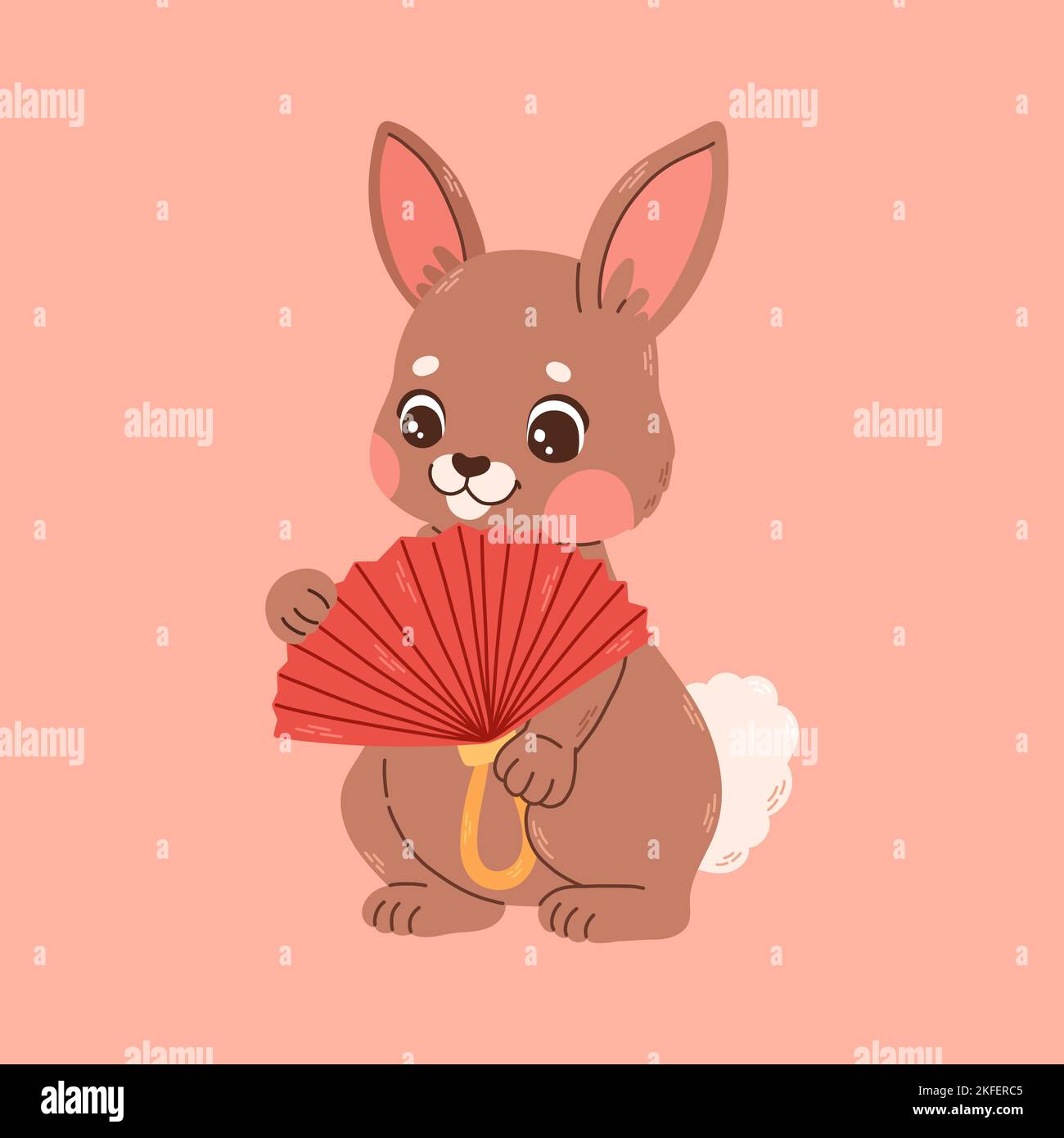 Frohes chinesisches Neujahr Grußkarte 2023 mit niedlichem Kaninchen mit rotem und goldenem Fächer. 2023 CNY-Karte. Vektor Stock Vektor
