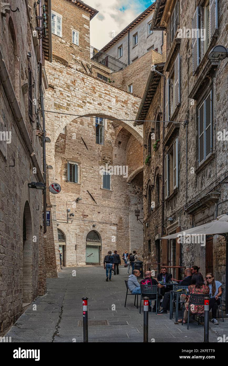 Via Maesta delle Volte. Überdachte Straßen im historischen Zentrum von Perugia. Perugia, Umbrien, Italien, Europa Stockfoto