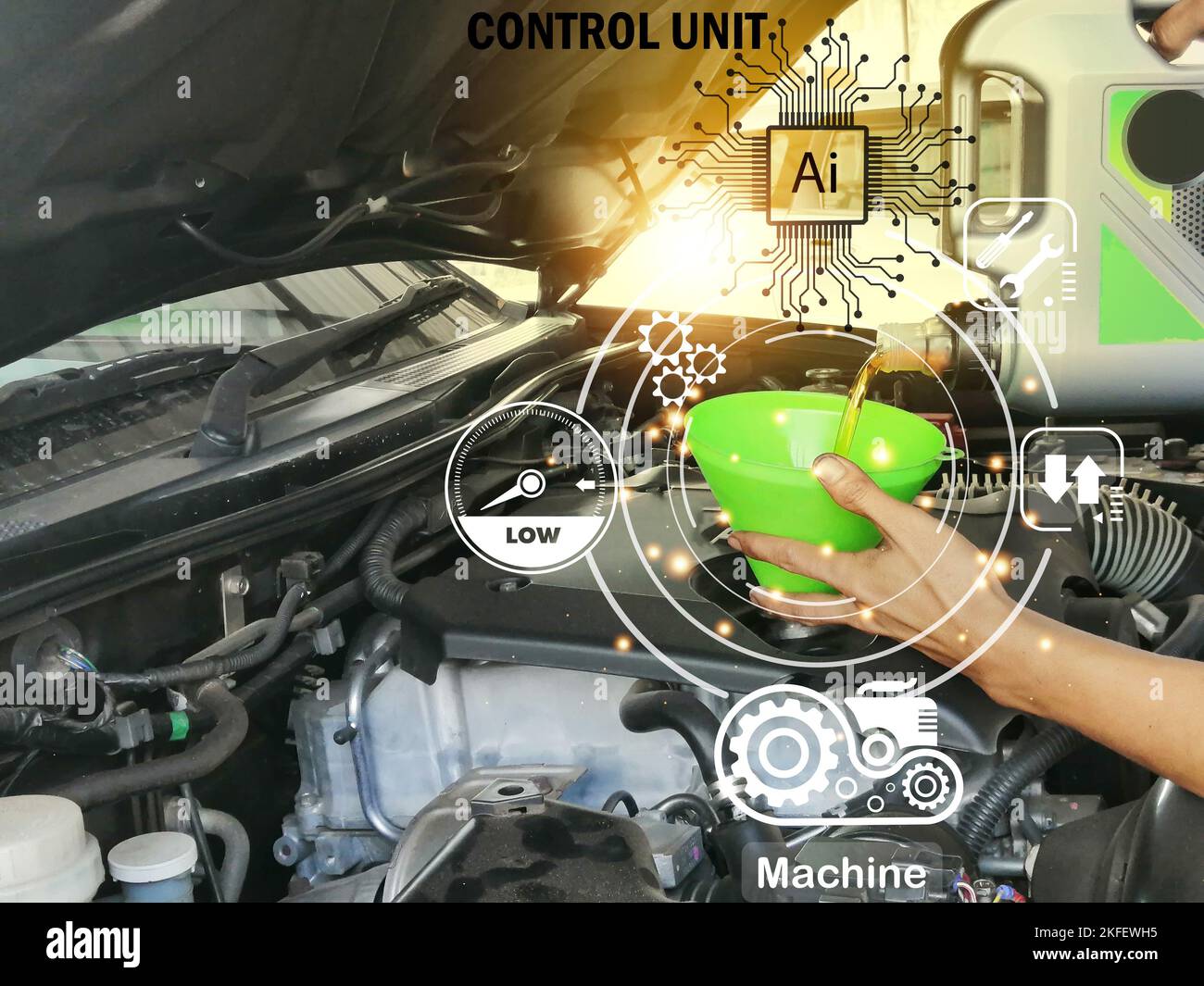 Konzept der Einsatz von künstlicher Intelligenz (KI) zur Überprüfung von Motorwartungsintervallen, Anwendungen helfen zu überprüfen. Stockfoto