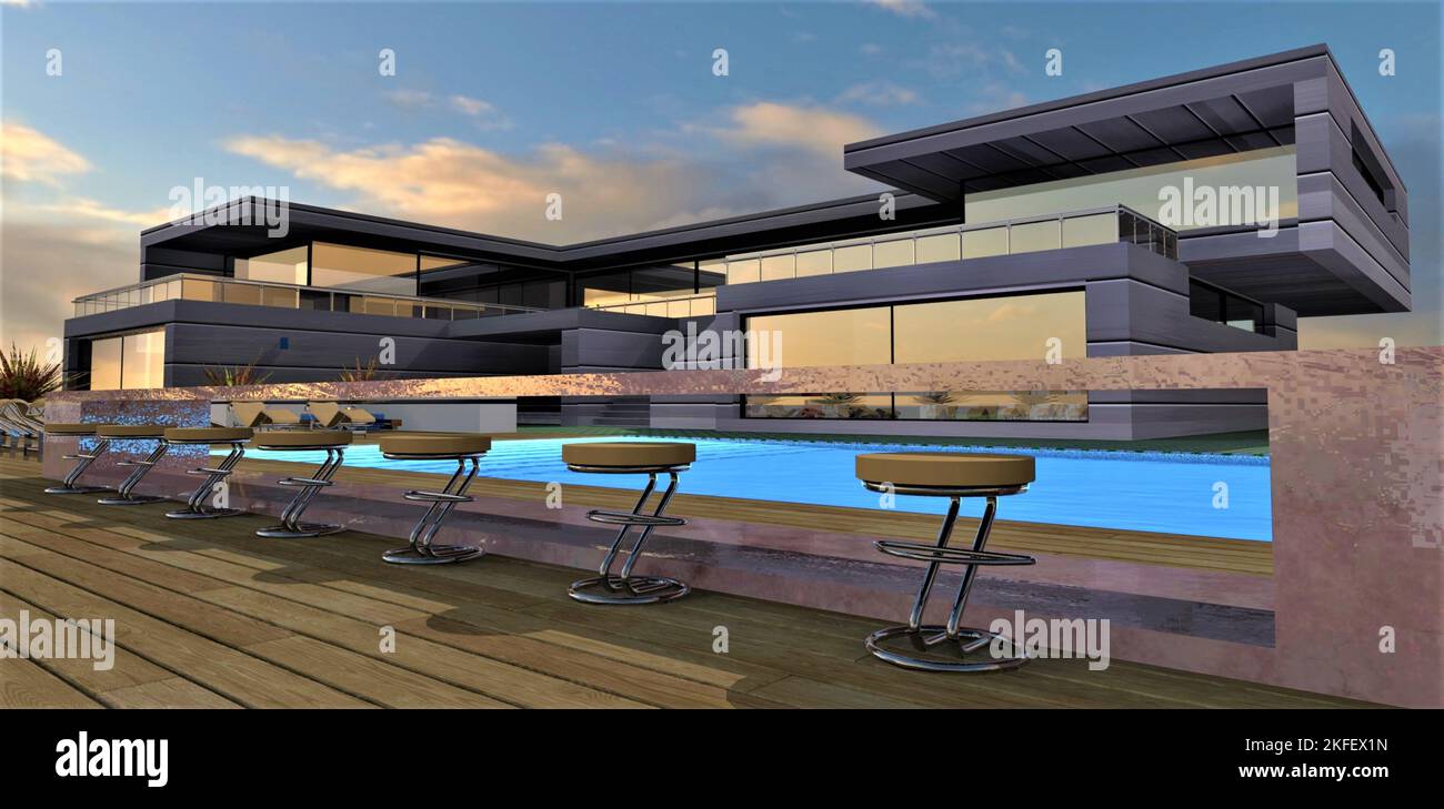 Mehrere Barhocker Reihen sich nachts vor einem Pool im Hinterhof eines schicken Landguts an. Tolles Design, um ein Haus in Minnesota zu kaufen. 3D Renderin Stockfoto