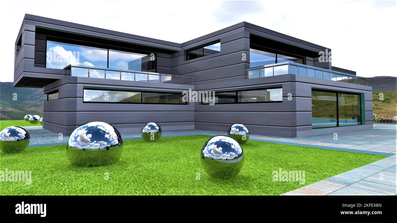 Abstrakte Dekoration von Gehöft Gebiet mit Metallkugeln. Futuristisches Haus in neuer architektonischer Form. 3D Rendern. Stockfoto