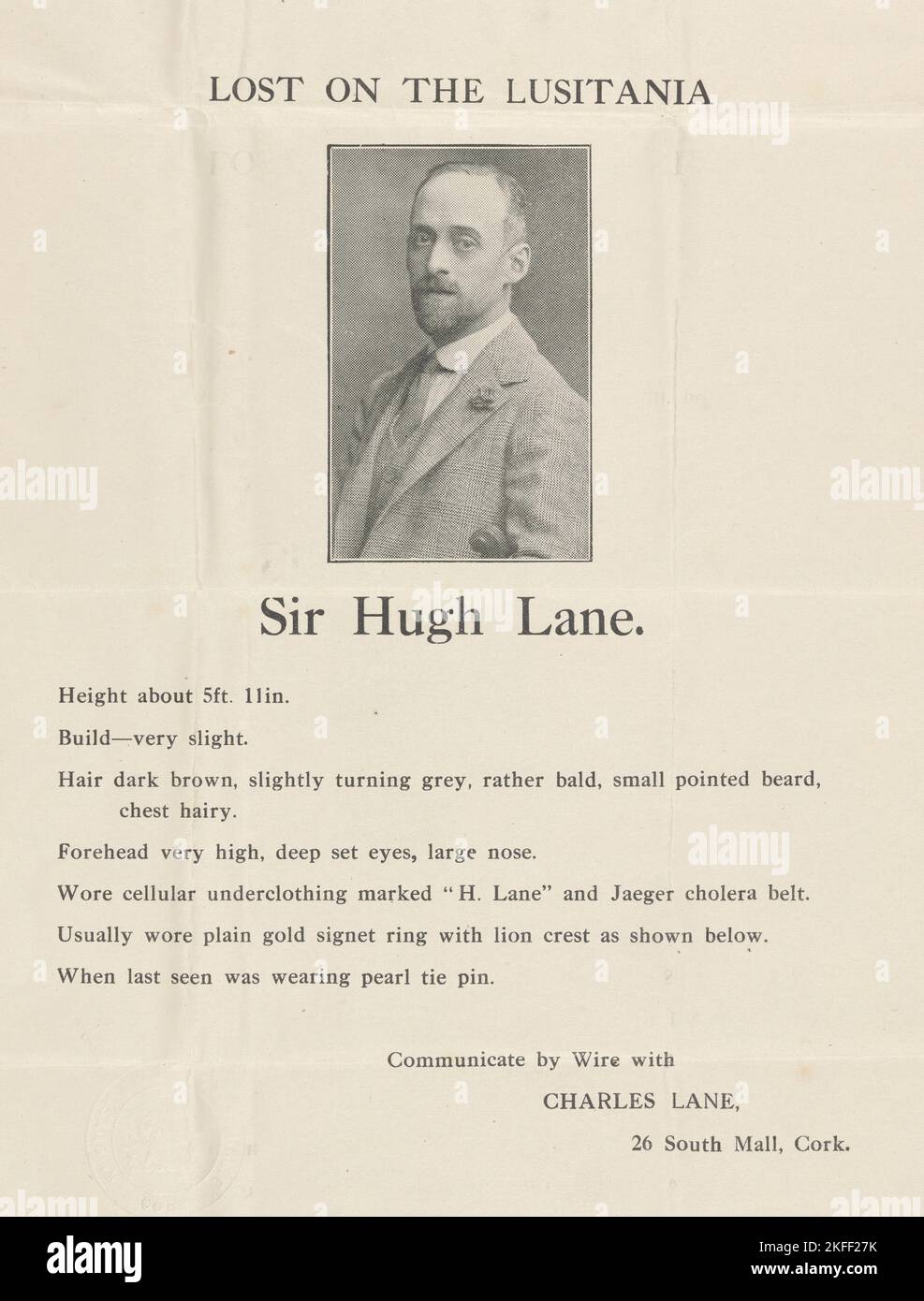 Sir Hugh Lane: Lost on the Lusitania: Broadside Advertising search for Hugh Lane&#X2019;s body after the Sinking of the Lusitania on May 7, 1915, 1915-05-07. Stockfoto