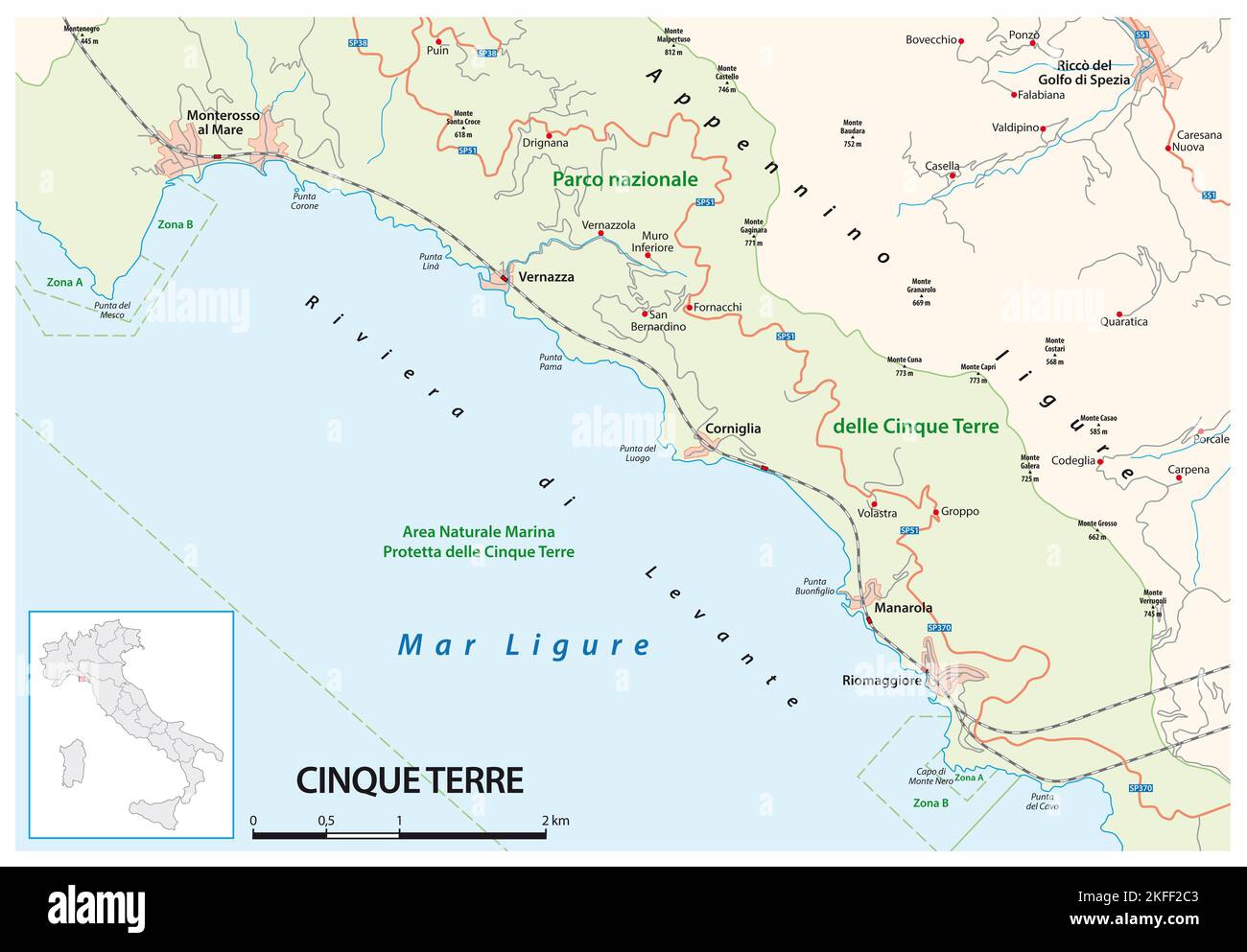 Straßenkarte italienische Kulturlandschaft der Cinque Terre, Ligurien Stockfoto