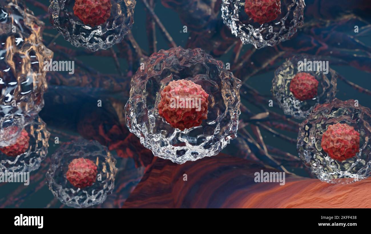 Menschliche oder embryonale Stammzellen, Körperzellen unter dem Mikroskop auf farbenfrohem Hintergrund. Zellulartherapie, Regeneration. 3D-Rendern Stockfoto