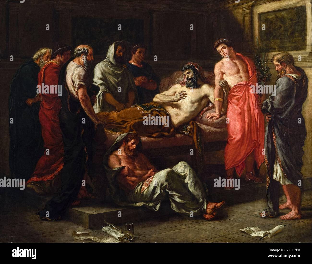 Die letzten Worte des Imperators Marcus Aurelius des französischen romantischen Künstlers Eugène Delacroix (1798-1863), gemalt 1844, zeigen den römischen Kaiser Marcus Aurelius auf seinem Totenbett im Jahr 180AD, der seinen Sohn Commodus umklammert. Stockfoto