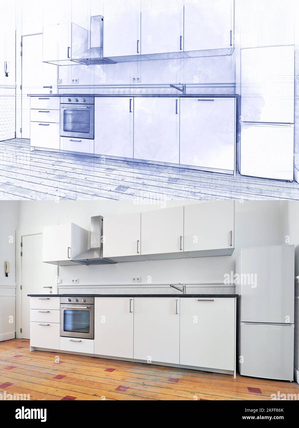 Illustration Skizze und Realisierung einer leeren Wohnung mit moderner Küche und designten Hartholzboden Stockfoto