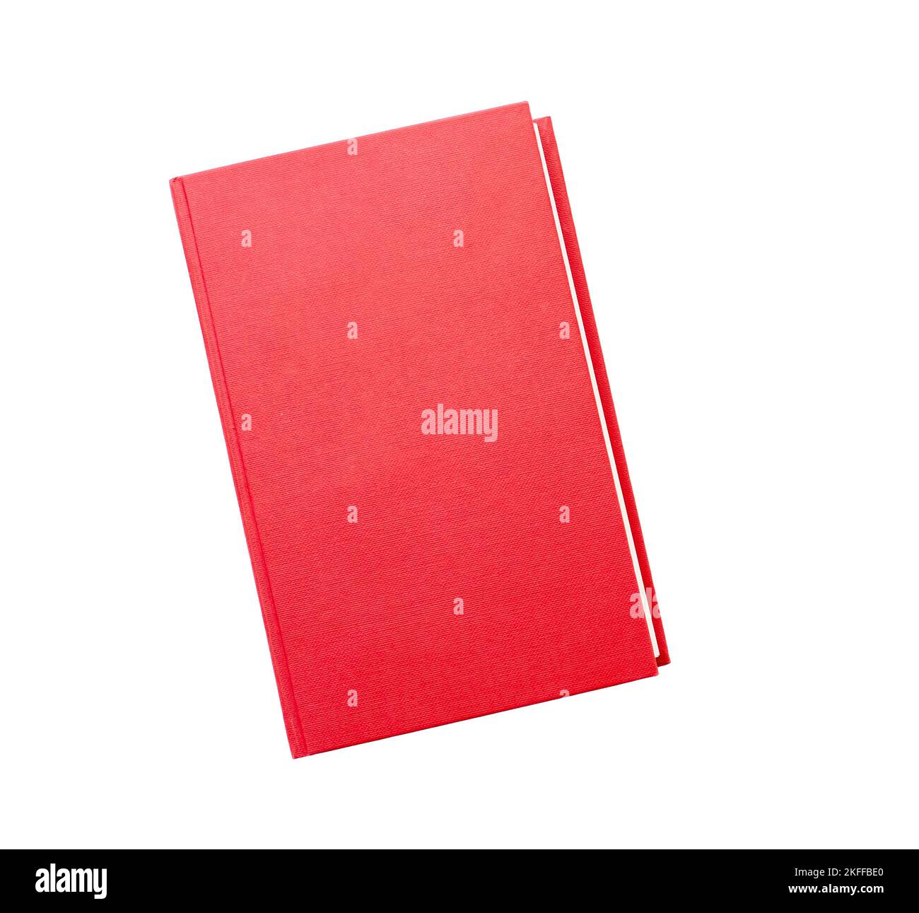 Rotes geschlossenes Buch mit leerem Hardcover, isoliert auf weiß, Draufsicht, Platz für Text Stockfoto