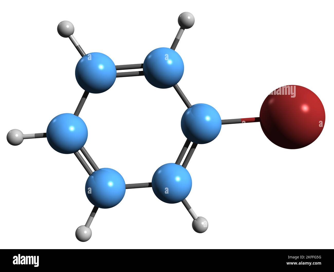 3D Bild der Skelettformel von Brombenzol - molekulare chemische Struktur des Arylhalogenids Phenylbromid isoliert auf weißem Hintergrund Stockfoto