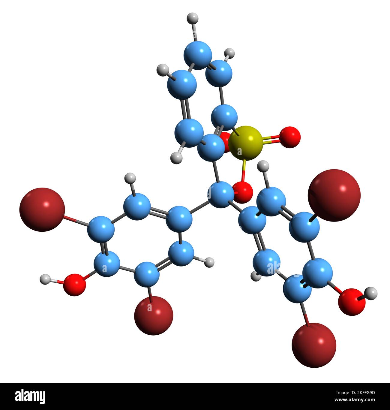 3D Bild von Bromophenol blue skeletal Formula - molekularchemische Struktur des pH-Indikators Tetrabromophenolsulfonphthalein isoliert auf weißem Backgr Stockfoto