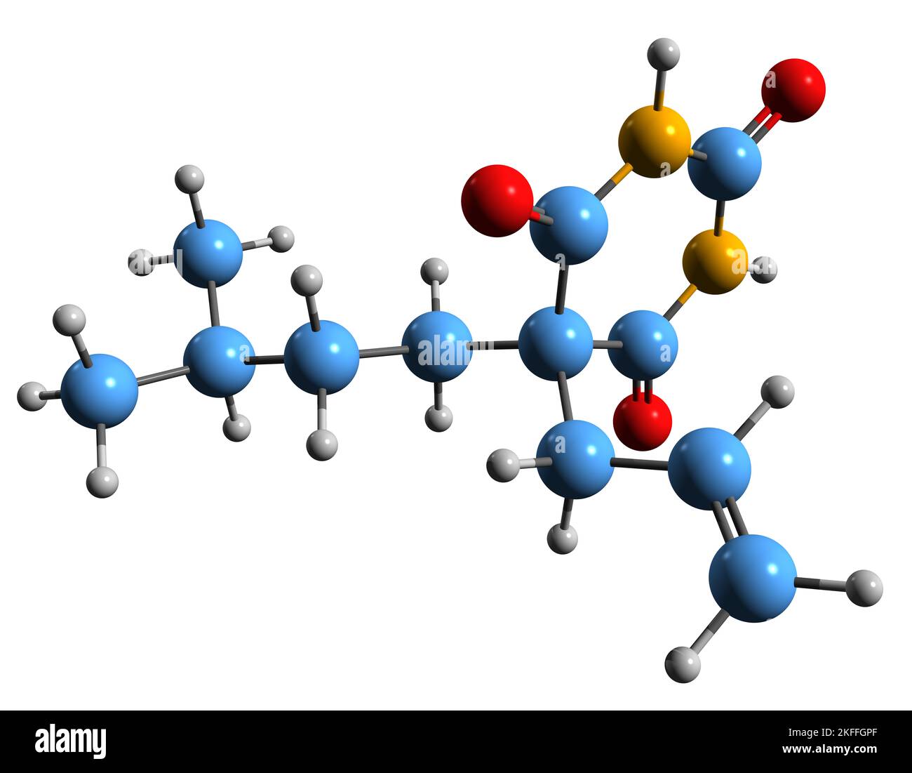 3D Bild der Skelettformel des Butalbitals - molekulare chemische Struktur des Barbiturat-Medikaments isoliert auf weißem Hintergrund Stockfoto