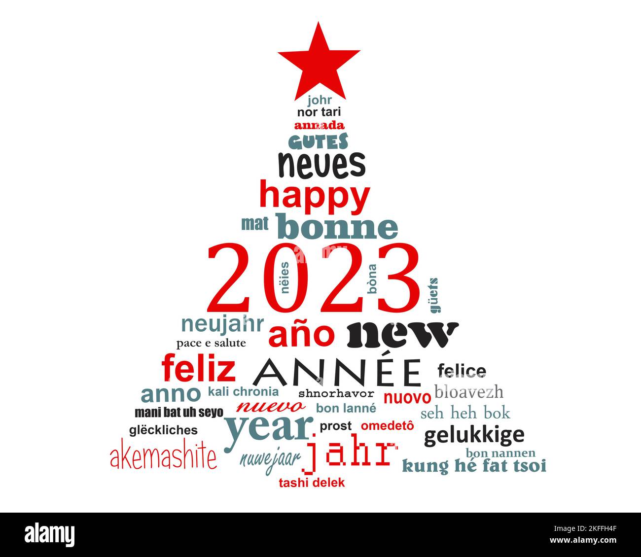 2023 Neujahr mehrsprachige Textwort Wolke Grußkarte in Form eines weihnachtsbaums Stockfoto