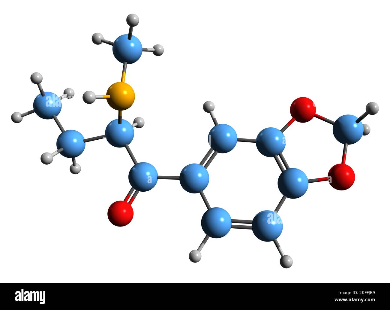 3D Bild der Butylon-Skelettformel - molekulare chemische Struktur von psychedelischen Entaktogen isoliert auf weißem Hintergrund Stockfoto