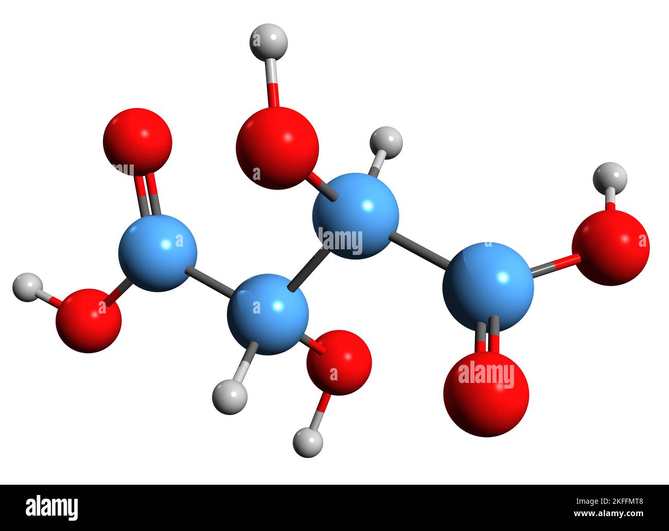 3D Bild der Skelettformel der Tartarsäure - molekulare chemische Struktur von Winestone auf weißem Hintergrund isoliert Stockfoto